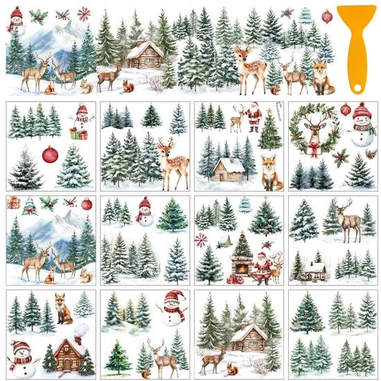 Decorazioni per finestre e mobili 12 fogli - Sticker per natale - Decorazioni da neve e caprioli - Decorazioni da parete per DIY - Sticker decorativi