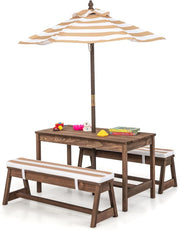 Set di Tavolo Picnic per Bambini con Ombrellone Regolabile, Panche per Bambini in Legno di Abete con Parasole e Cuscini Morbidi, Tavolo e Panchine Pranzo da Giardino e Parco (Marrone)