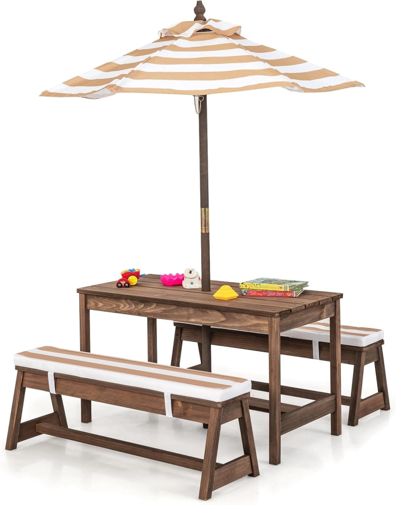 Set di Tavolo Picnic per Bambini con Ombrellone Regolabile, Panche per Bambini in Legno di Abete con Parasole e Cuscini Morbidi, Tavolo e Panchine Pranzo da Giardino e Parco (Marrone)