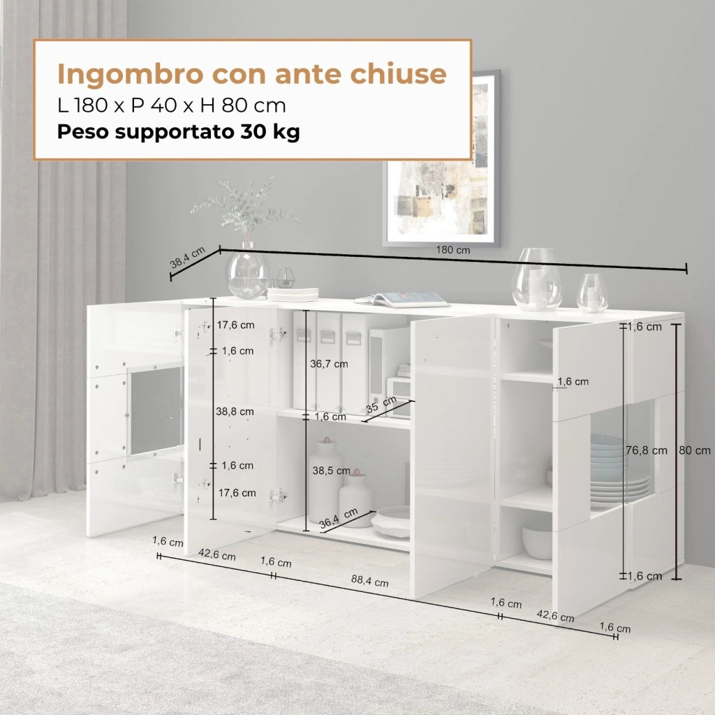 WHOUS Credenza Egypt a 4 ante con inserti in vetro espositivi bianco lucido 180x40x80 cm
