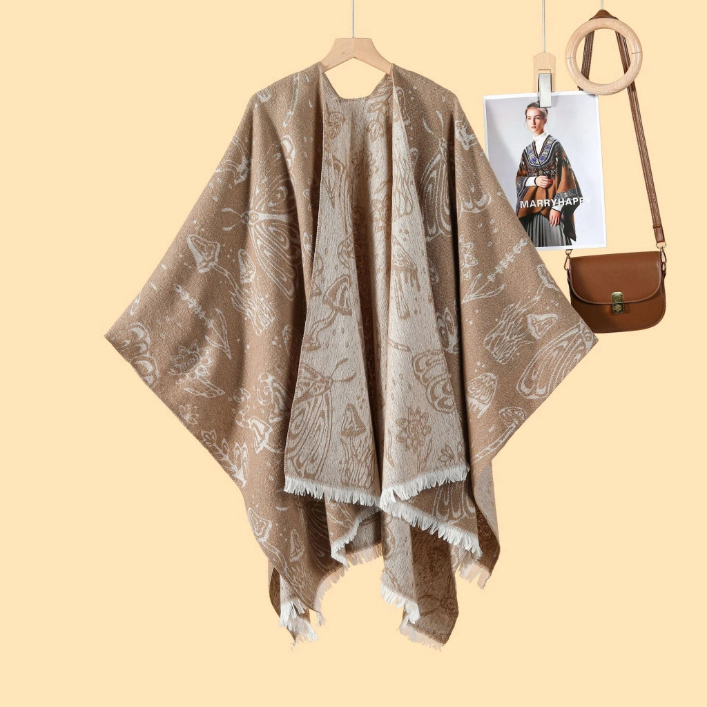 Nuovo mantello/cappotto caldo da donna in jacquard double face, stile pastorale, con spacco laterale.