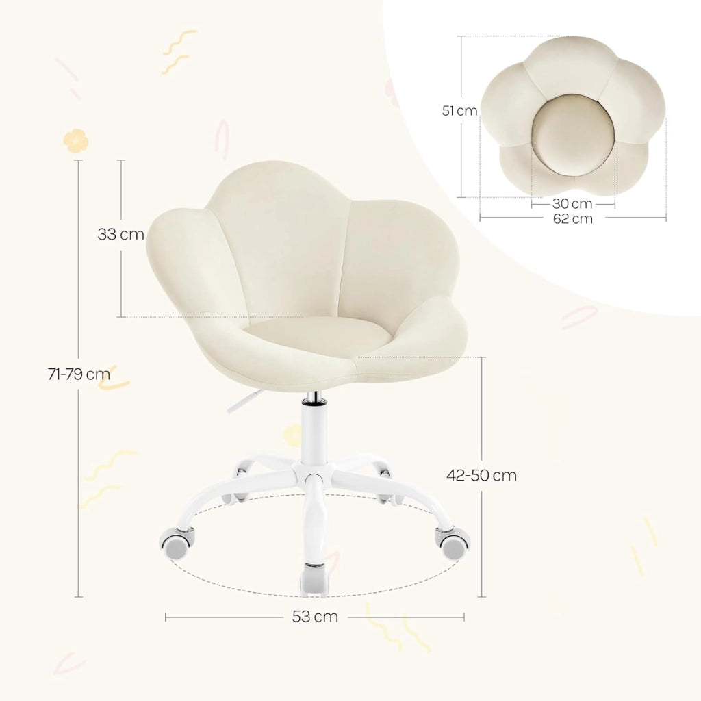 Sedia da Scrivania per Bambini, Sedia Ufficio Ergonomica Girevole e Regolabile in Altezza con Rotelle, Seduta a Forma di Fiore per Studio, Camera da Letto, Velluto, Beige