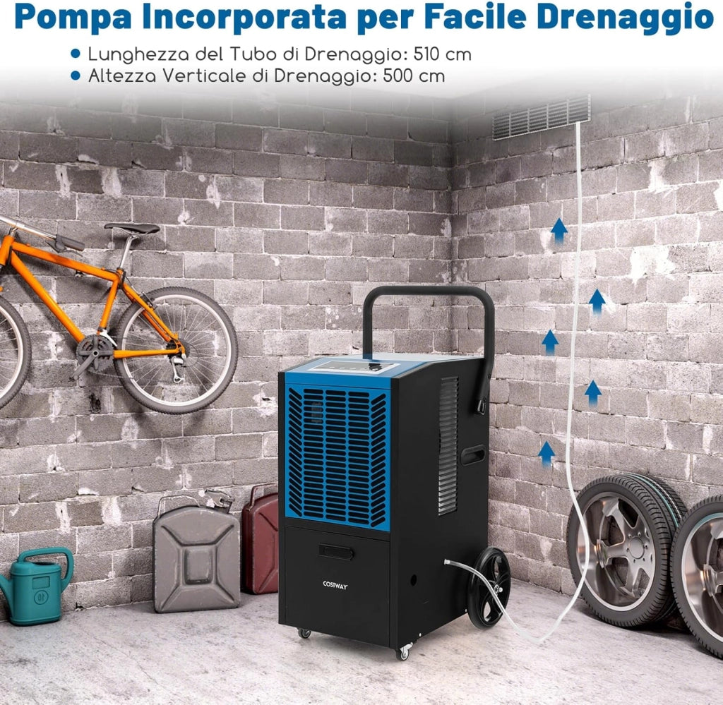 66 L Deumidificatore Commerciale, Deumidificatore con Pompa e Tubo di Drenaggio, Deumidificatore Industriale con Timer 24H e 4 Ruote per Cantina Magazzino (Blu)