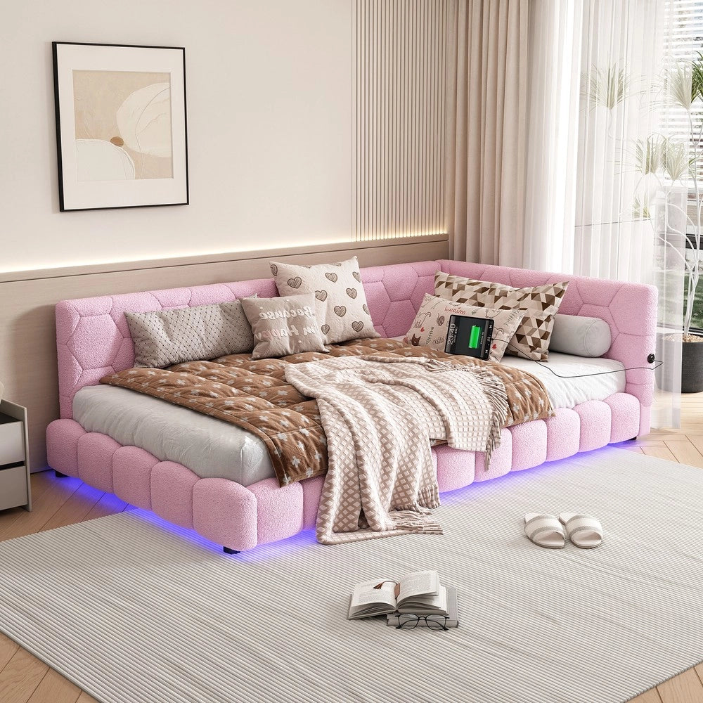 Letto con testiera led e rete a doghe ¨C Minimal ¨C rosa tessuto 90x200cm con porta USB e Type-C
