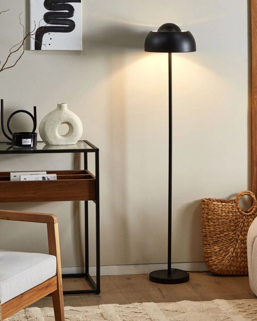 Lampada da terra in metallo Nero con base tonda paralume a cupola Glam Luce ambientale Soggiorno Illuminazione