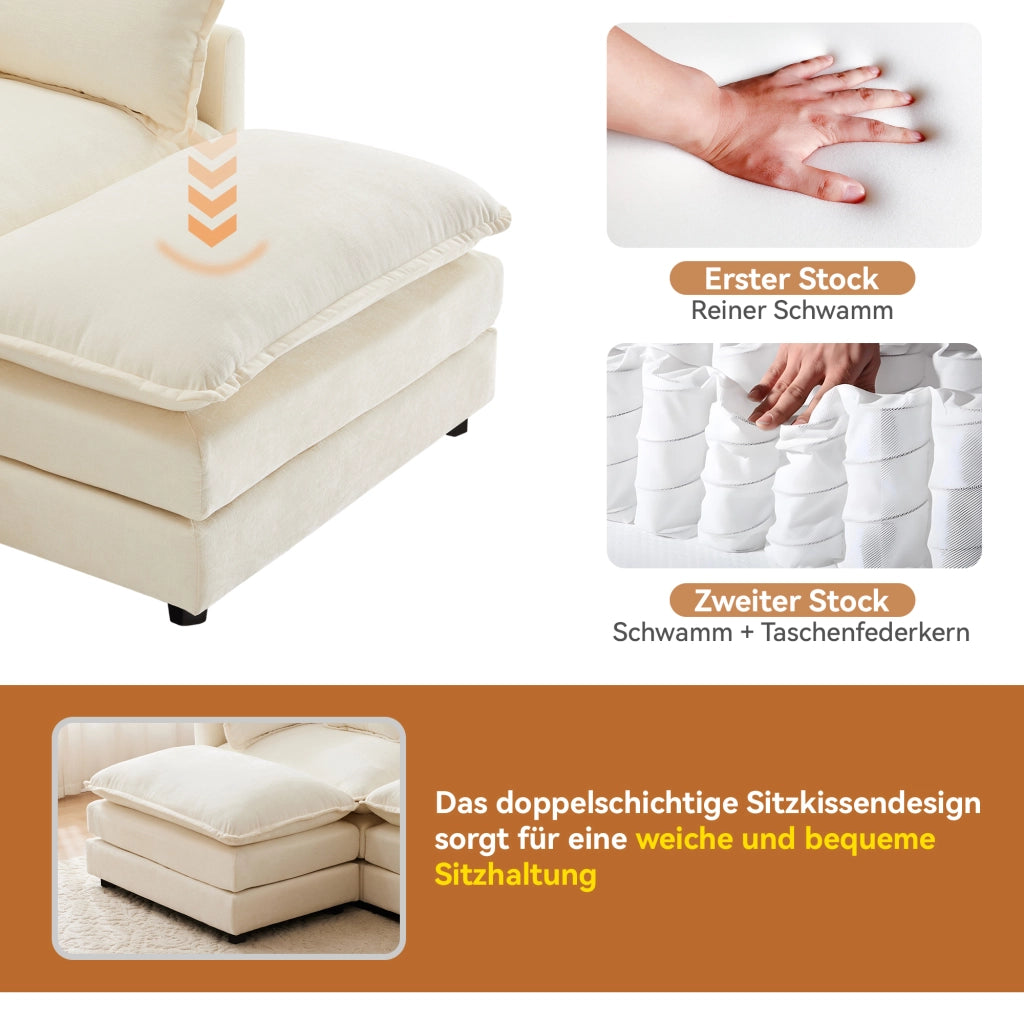 SOFA Angolare L 283x147x84 cm in ciniglia beige con pouf mobile