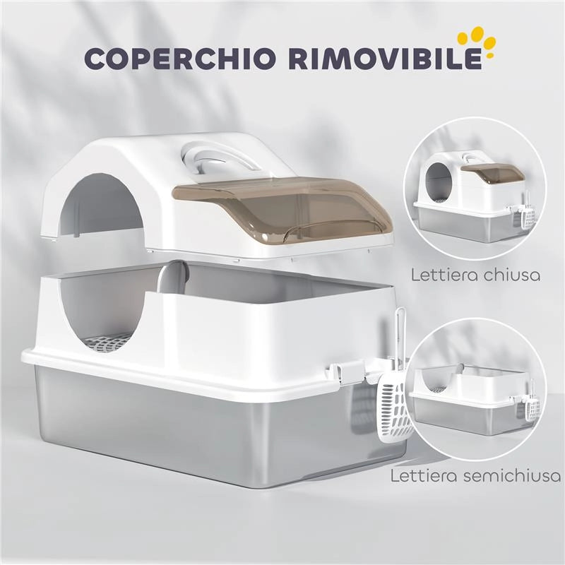 LETTIERA PER GATTI CHIUSA CON 2 TAPPETINI, IN ACCIAIO INOX, ABS E PP, 60.5X40.5X42 CM, BIANCA E ARGENTO