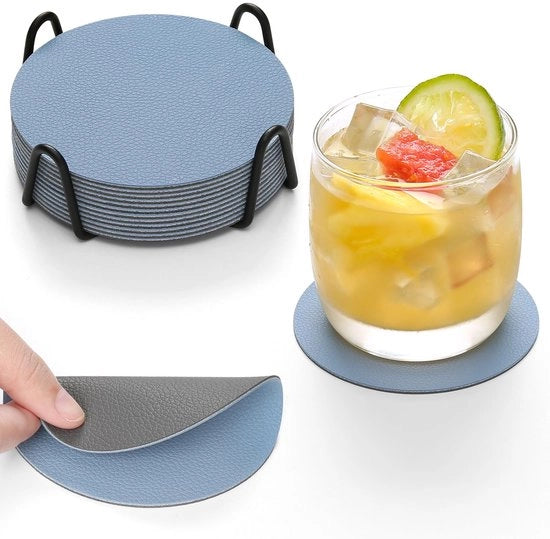 Set di supporti per bicchieri, 12 pezzi, supporti per bicchieri doppie, supporti per bicchieri, supporti per contenitori, supporti antiscivolo, pelle, pelle imitante, supporti con finitura in pelle (grigio, azzurro celeste, a forma di cerchio)