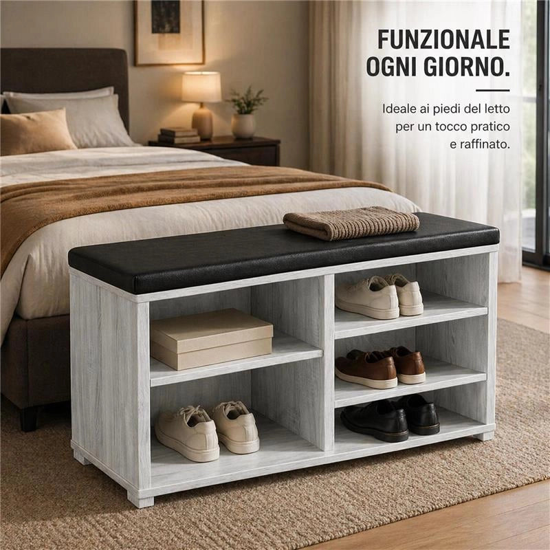 SCARPIERA IN MDF COLOR BIANCO LEGNO CON RIPIANI E SEDUTA IN SIMIL PELLE NERA DIMENSIONI 80X30X47 CM