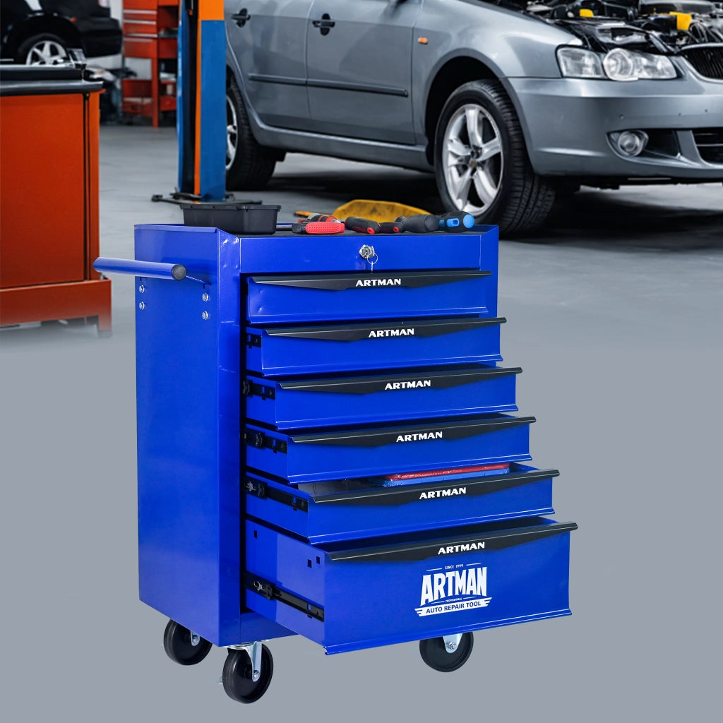 CARRELLO PORTA ATTREZZI 6 Cassetti con ruote, Acciaio Nero/Blu