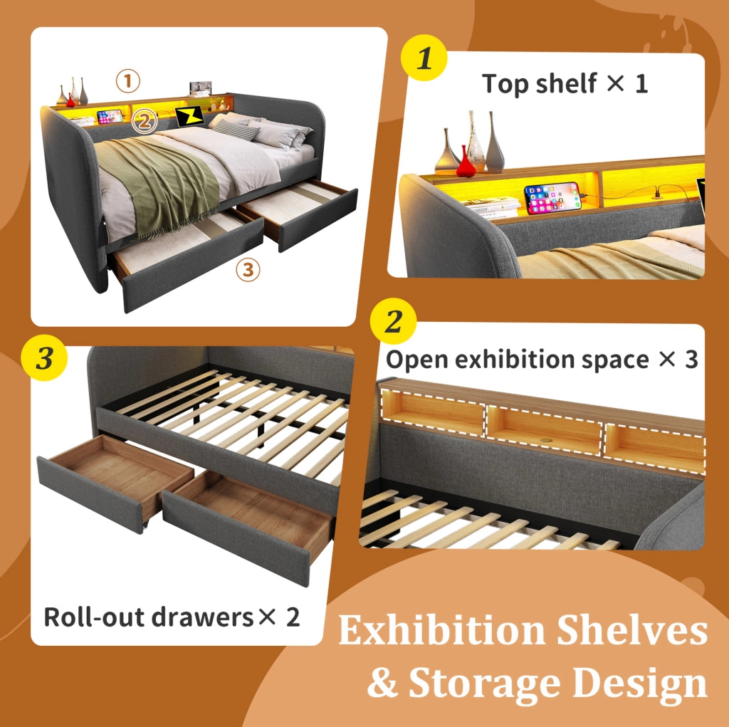 Letto imbottito 140x190 cm in lino grigio con LED; porte USB e Type-C; 2 cassetti
