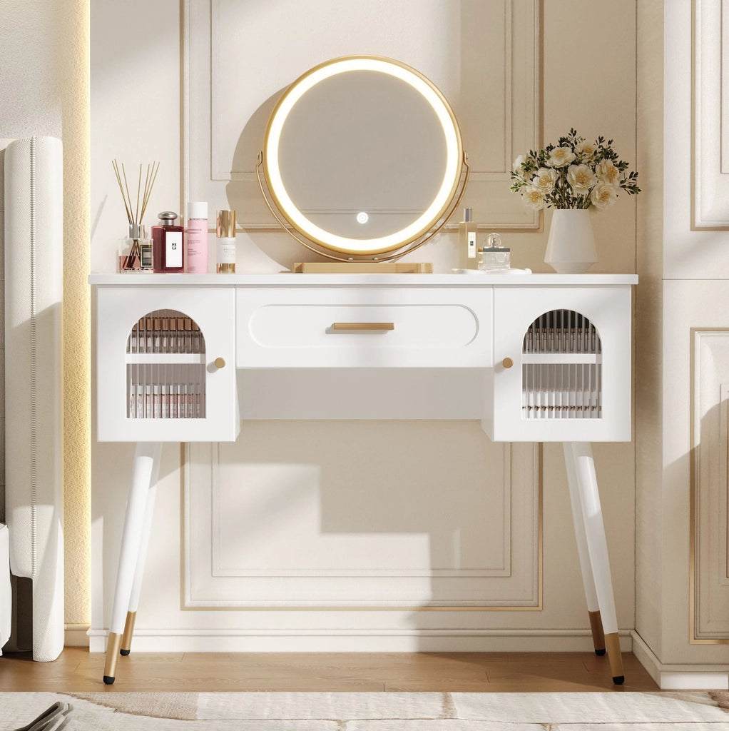 Toeletta LED con specchio; 1 cassetto e 2 ante; 100x42x112 cm; bianco e oro