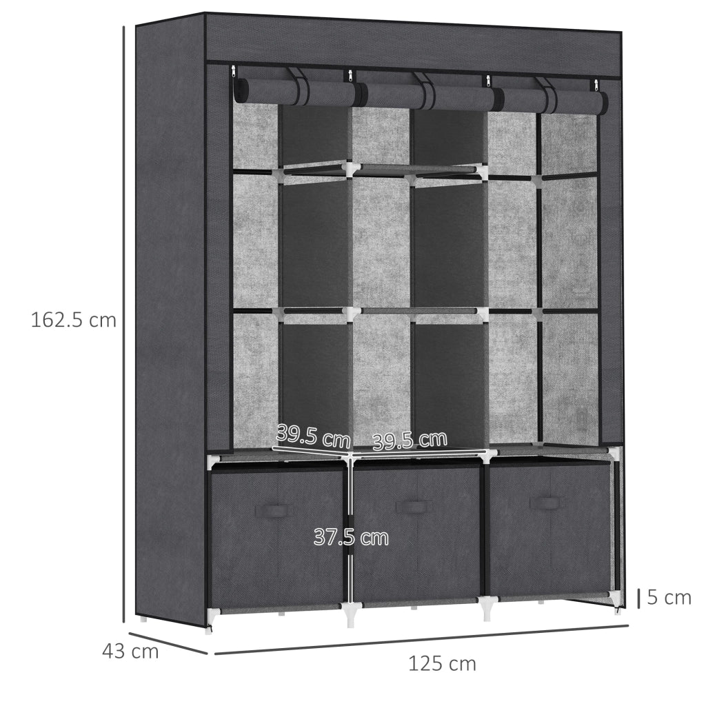 Armadio Guardaroba da Campeggio 125x43x162,5 cm con Cassetti e Ante Avvolgibili con Zip Grigio Scuro