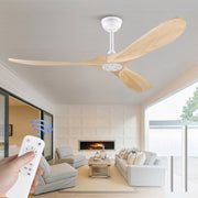 Ventilatore a soffitto senza luce in legno e metallo, bianco e naturale, con telecomando