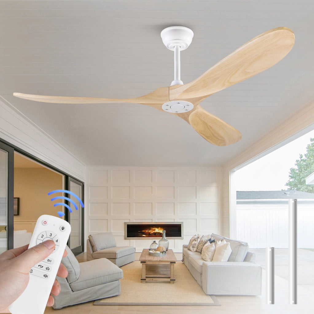 Ventilatore a soffitto senza luce in legno e metallo, bianco e naturale, con telecomando
