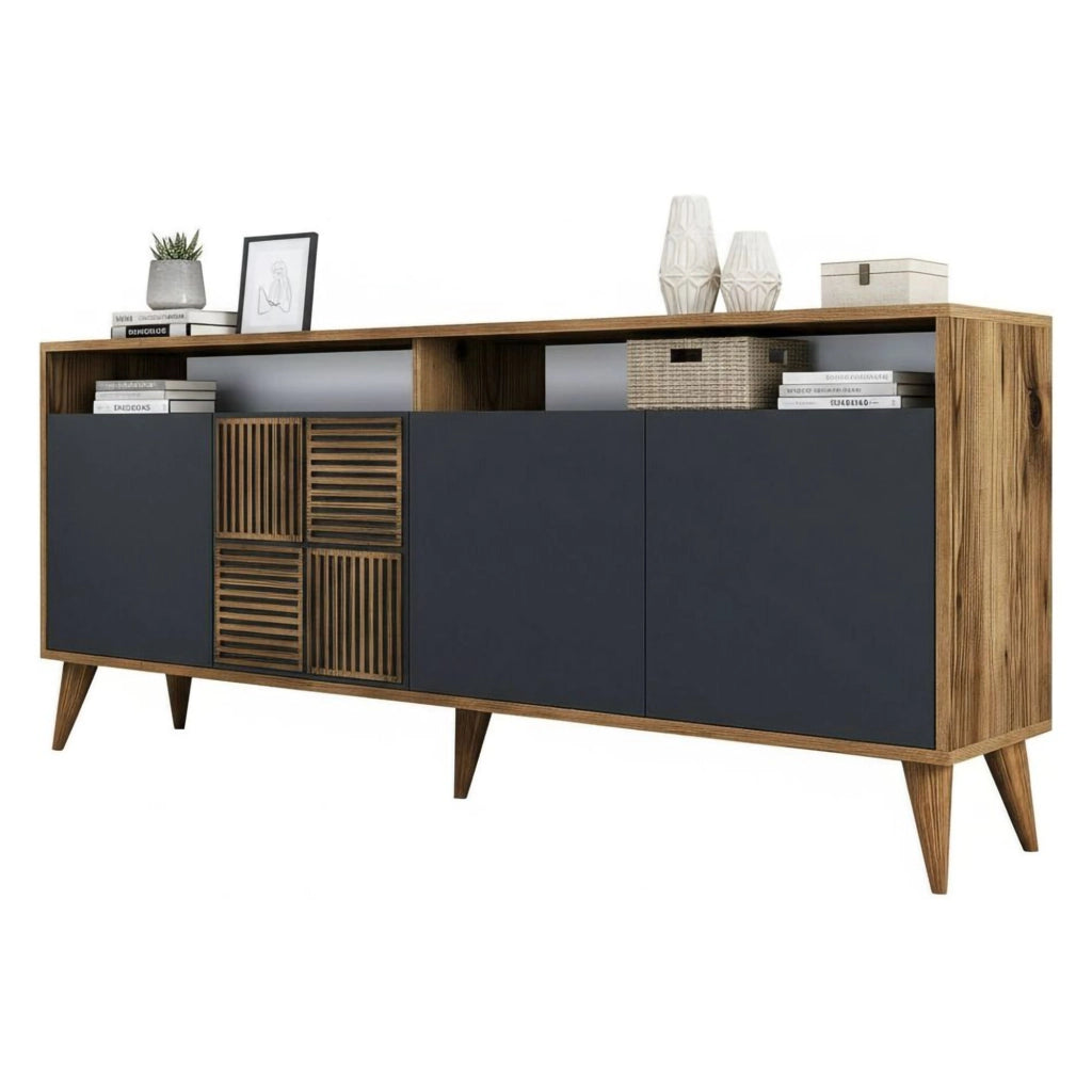 Consolle Jole, Credenza da soggiorno, Armadio basso per TV, Base parete attrezzata, 180x35 h79 cm, Noce e Antracite