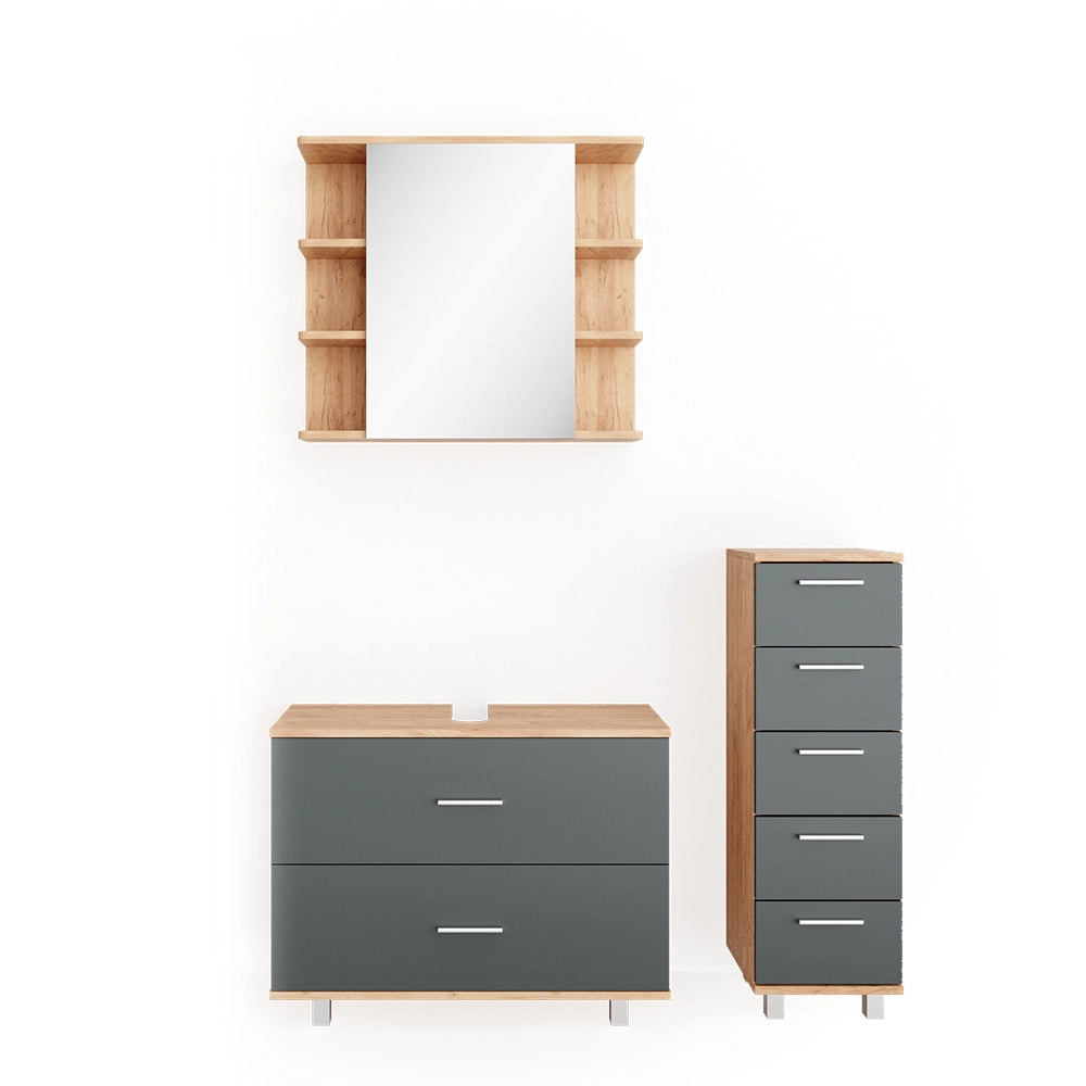 Vicco Set mobili bagno Antracite/quercia dorata 3 parti