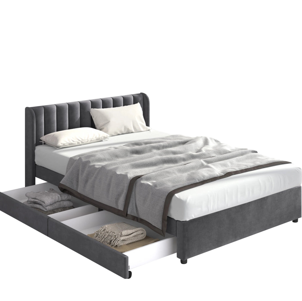 Letto imbottito 140x200 cm in velluto grigio con testiera, rete a doghe e 2 cassetti