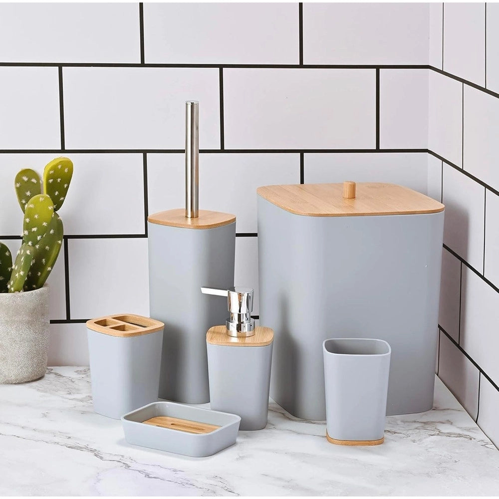 Trade Shop - Set Accessori Bagno In Bambù 6 Pz Moderno Bidone Spazzatura Portasapone Dispenser - Grigio