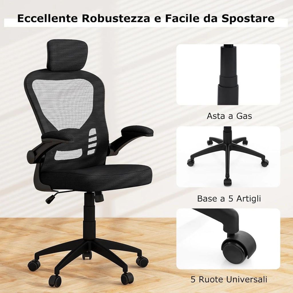 Sedia da Ufficio Ergonomica in Rete, Sedia Direzionale con Altezza Regolabile, Braccioli Ribaltabili, Poggiatesta e Supporto Lombare Regolabili, Sedia Girevole per Studio Casa, Portata 135 kg