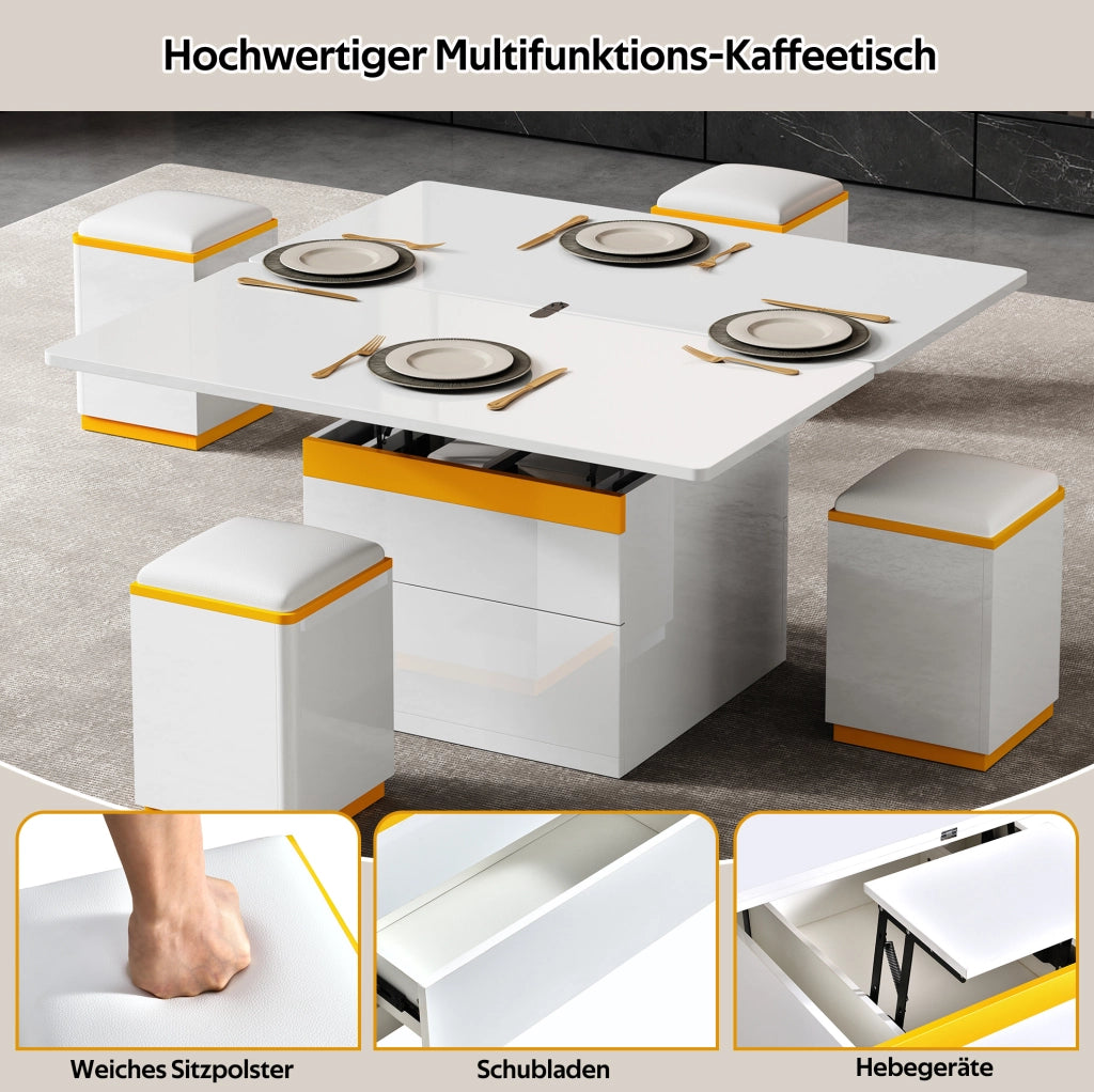 Tavolino da caffè sollevabile e pieghevole 100x50x43 cm con 4 sgabelli; MDF; bianco e giallo