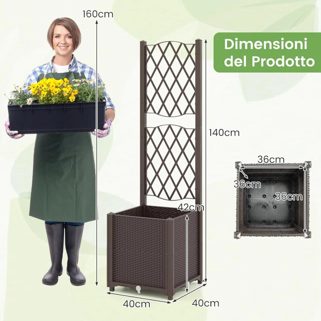Letto da Giardino Elevato con Trellis a Lattice, Fioriera Autoinnaffiata per Piante Rampicanti, Fiori e Verdure, Fioriera Verticale da Interni e Esterni (Marrone,40 x 40 x 140 cm)