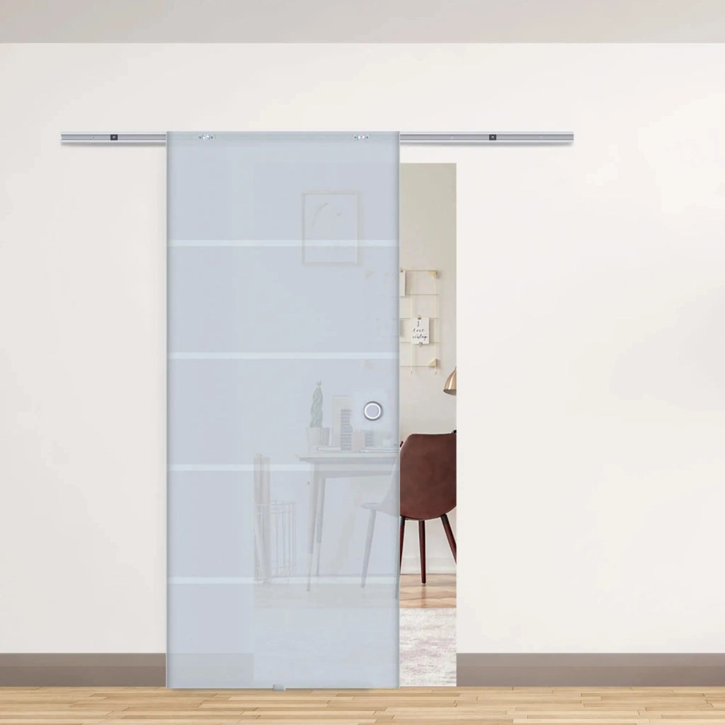 Porta scorrevole in vetro satinato parziale con guida in alluminio e vetro di sicurezza 8 mm