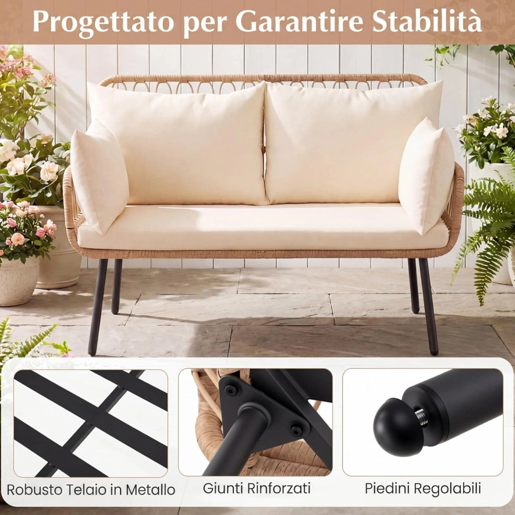 Divanetto da Giardino 2 Posti, Divano da Esterno in Rattan con Cuscini Morbidi e Piedini Regolabili, Portata 300 kg, Panca da Giardino per Terrazza e Bordo Piscina, 118 x 62 x 81 cm