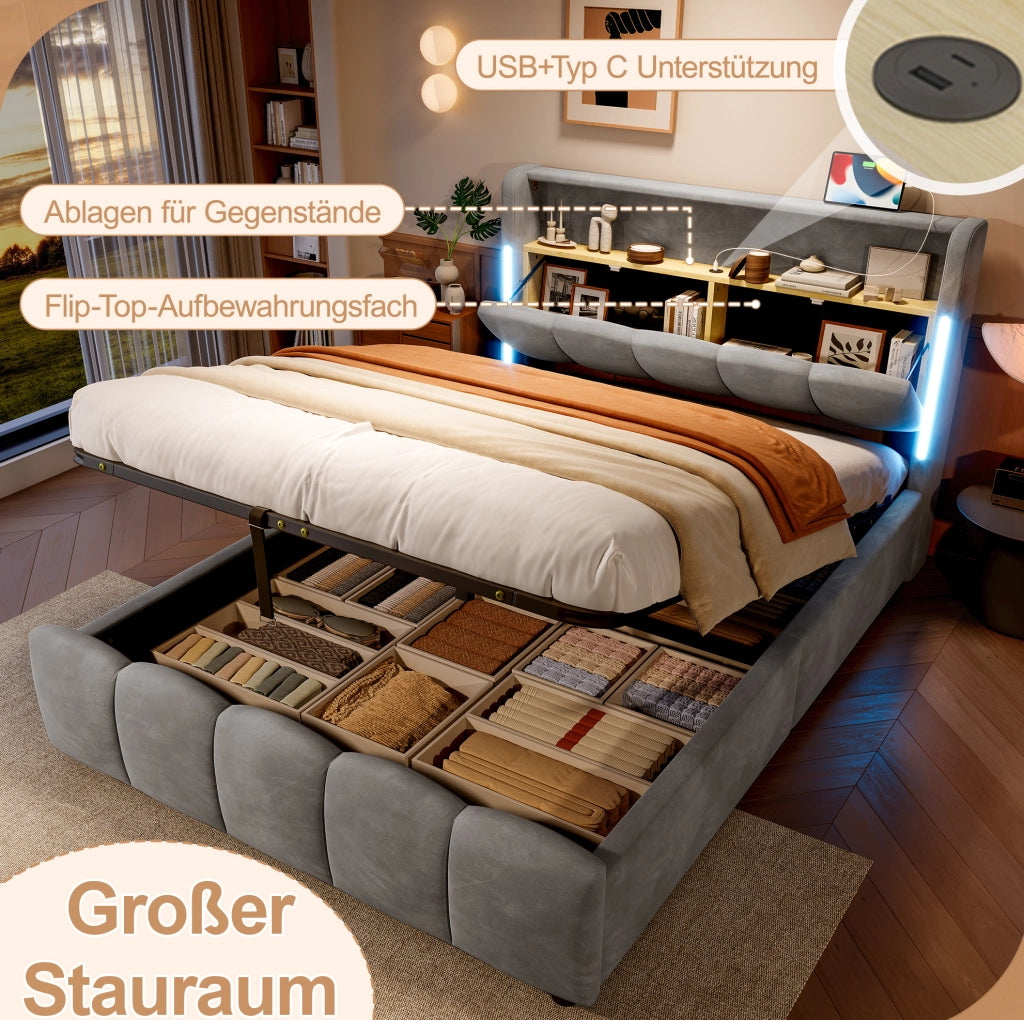 Letto imbottito 140x200 cm in velluto grigio con LED e USB