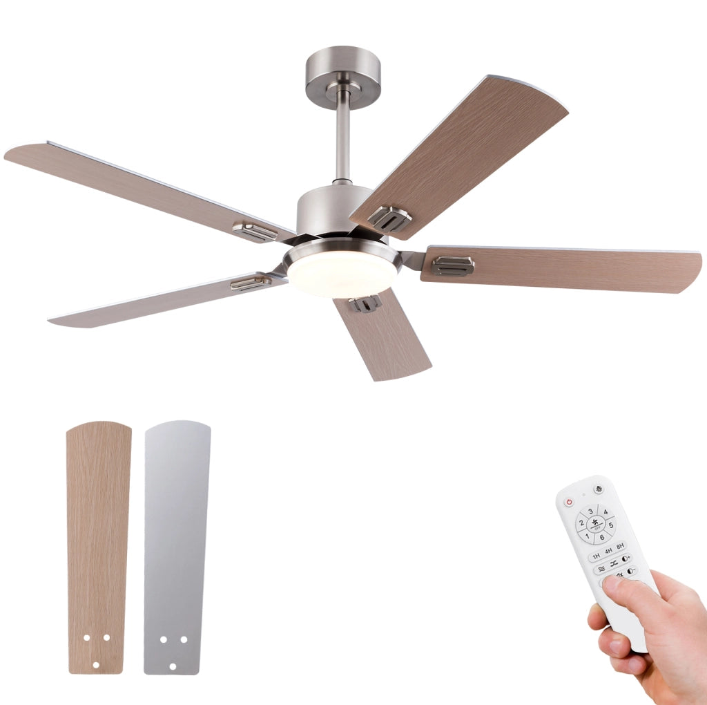 Ventilatore da soffitto con luce e telecomando, 6 velocità, dimmerabile, metallo e legno, nichel