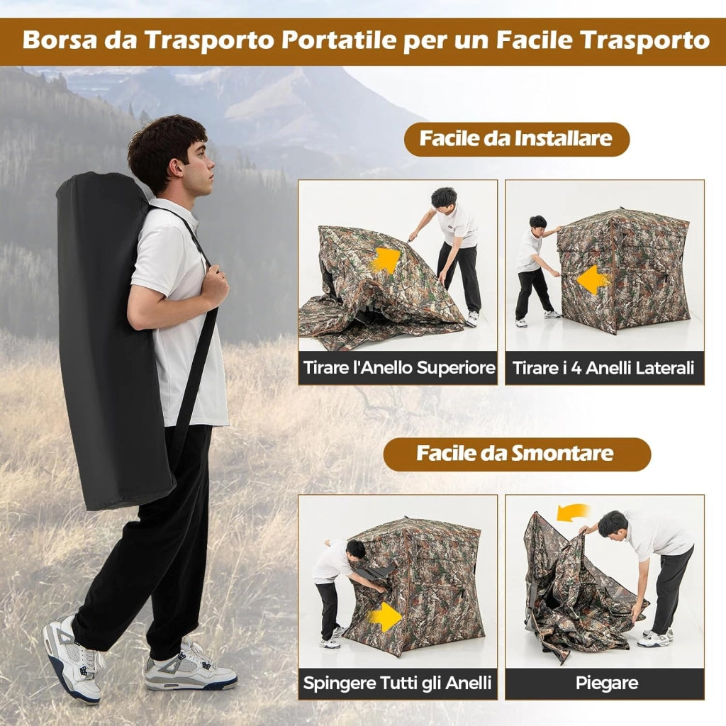Tenda da Caccia per 2-3 Persone, Tenda Mimetica a Visione a 360° per Caccia, Tenda Pop-Up Camouflage con Borsa da Trasporto, Apribile Completamente da 1 Lato, 148 x 148 x 170 cm