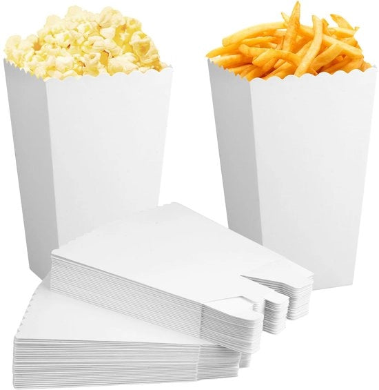Confezioni di Popcorn in Carta 50 pezzi - Bianco 5 x 7,5 x 11,5 cm - Dozzine di Popcorn di Carta - Scatola di Snack per Feste - Disegno Ripiegabile - Prodotto Portatile per Vendita Ambulante