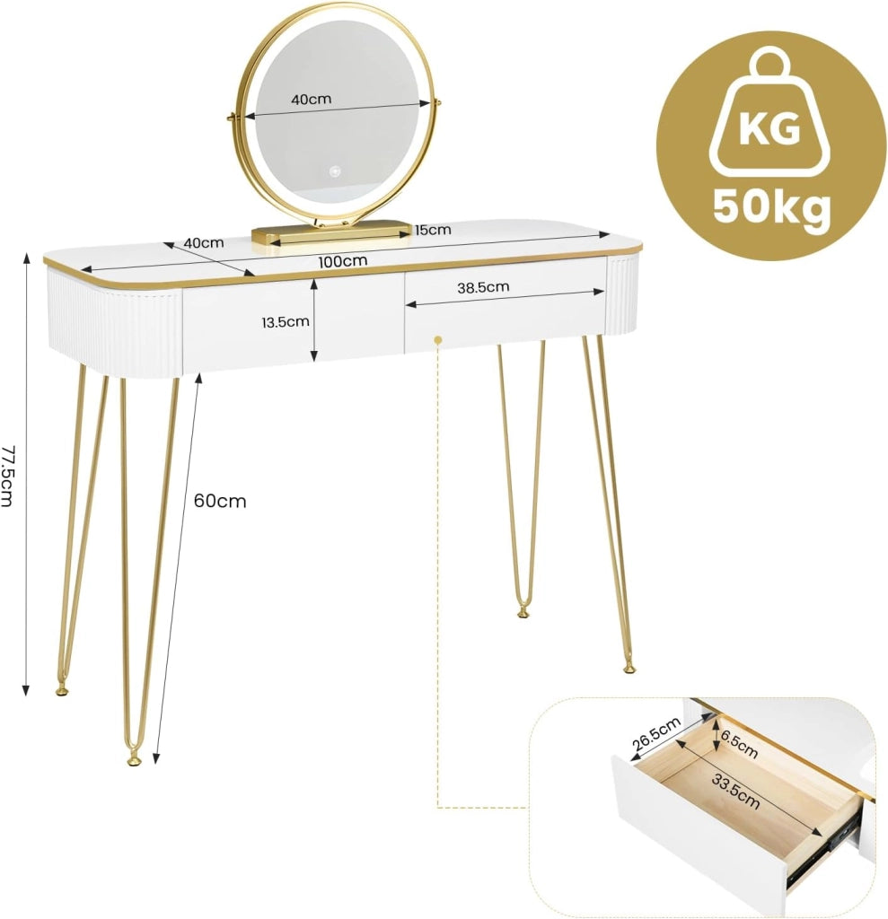 EUGAD Toeletta da Trucco con Luci LED, Luminosità Regolabile, Postazione Trucco con Specchio, 2 Cassetti in Legno, Piano Lucido 100x40 cm, Moderno, Bianco + Oro