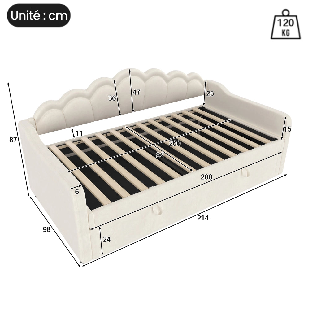OKWISH Letto Divano 90×200 cm, Letto Singolo con Contenitore, LED Multicolore e Testiera Ondulata, senza Materasso, in Velluto, Beige