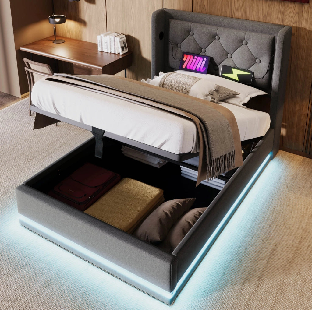 Letto imbottito 90x200 cm grigio con LED, USB-C e materasso