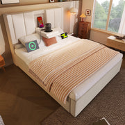 Letto imbottito 90x200 cm in lino beige con contenitore; portabicchiere a scomparsa e stazione di ricarica