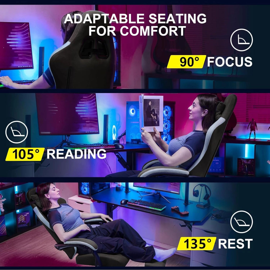 Sedia da gaming, ergonomica, da scrivania, con superficie in tessuto, cuscino a molla, braccioli di collegamento e poggiapiedi, Marrone