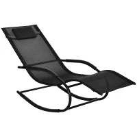 Sedia a Dondolo Ergonomica con Poggiatesta e Braccioli, in Metallo Zincato e Textilene, 63l x 160P x 88H cm, Nero
