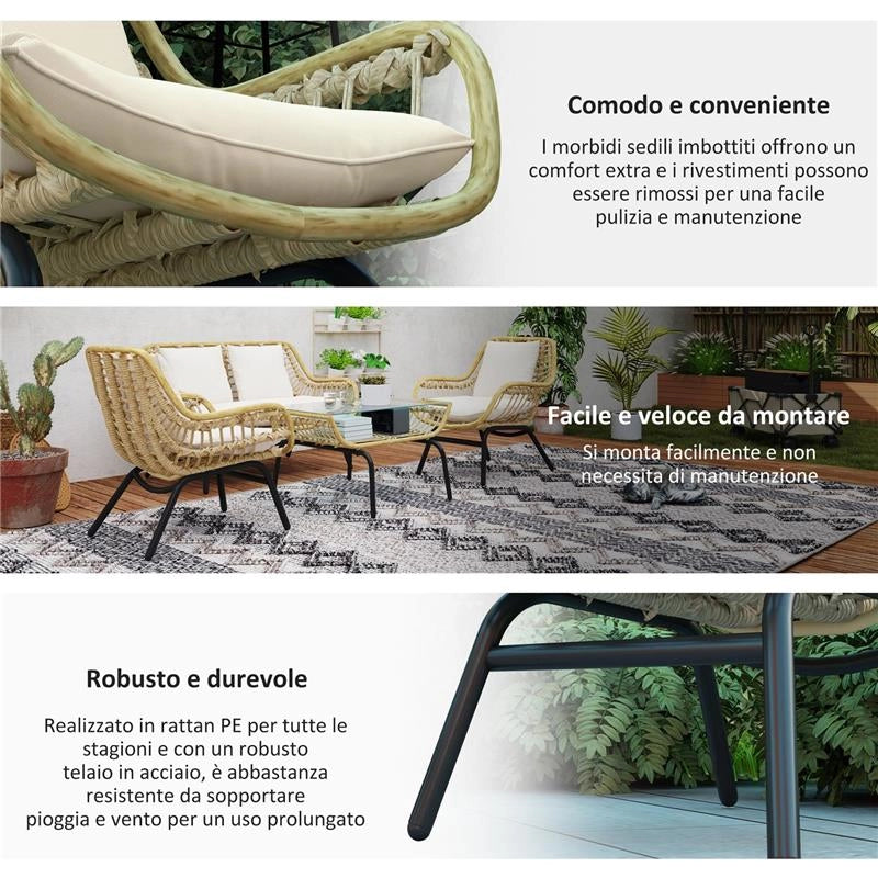 SET DA GIARDINO 4 PEZZI IN RATTAN PE E METALLO CON DIVANETTO 2 SEDIE E TAVOLINO DA CAFFÉ BEIGE