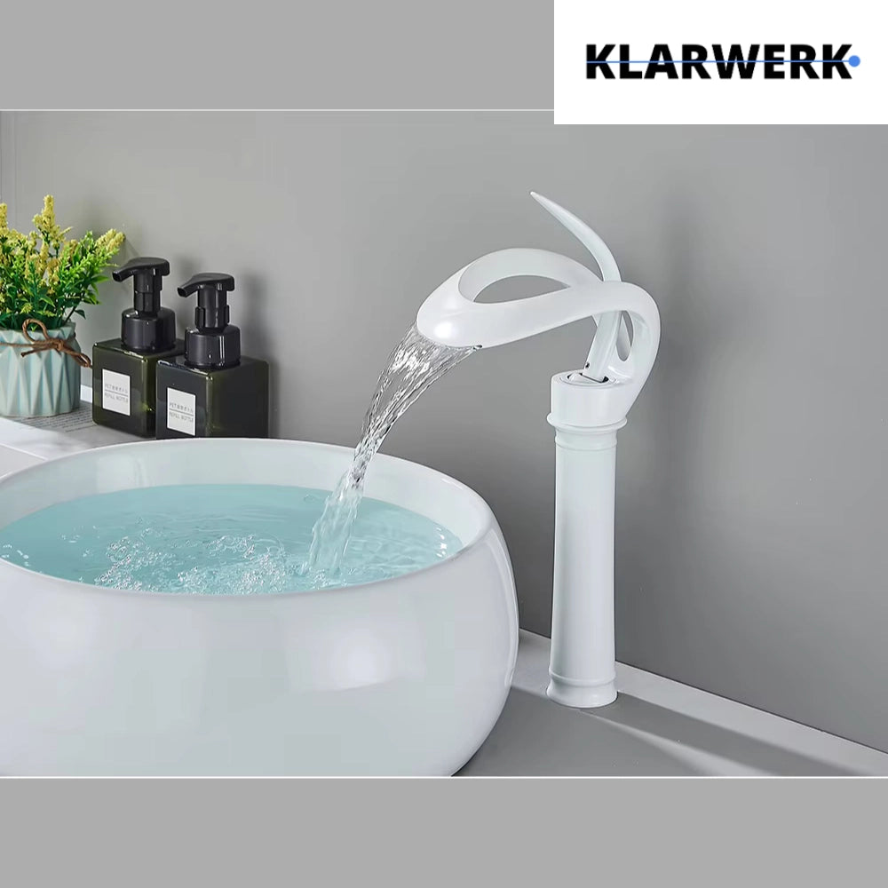 NAVIS | Rubinetto da bagno a cascata di design bianco alto | Elegante  in acciaio inox premium per lavelli alti miscelatore 2 attacchi