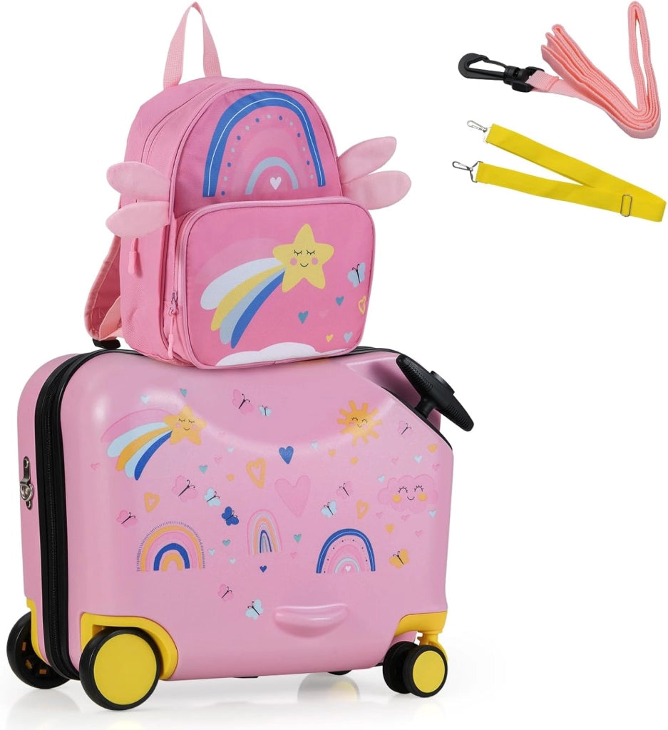 Valigia Cavalcabile per Bambini, 18" Valigia+ 12" Zaino,2 Pezzi, Trolley Bambini Bagaglio a Mano con Ruote Girevoli e Maniglia Retrattile, 2 Cingie Multiuso (Modello 10)
