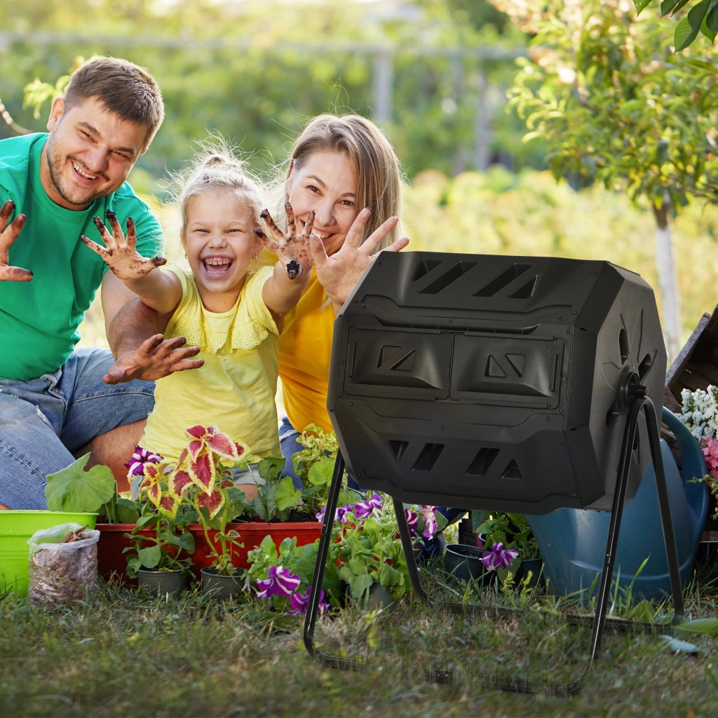 Compostiera da Giardino 2 Sezioni ¨C Zephmum ¨C Nero Acciaio PP 160L 71x65x96 cm