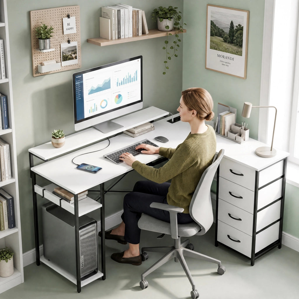 Scrivania Angolare 155x112x85,5-91,5 cm con Prese 4 Cassetti in Tessuto Rialzo Monitor e 2 Ganci Bianco e Nero