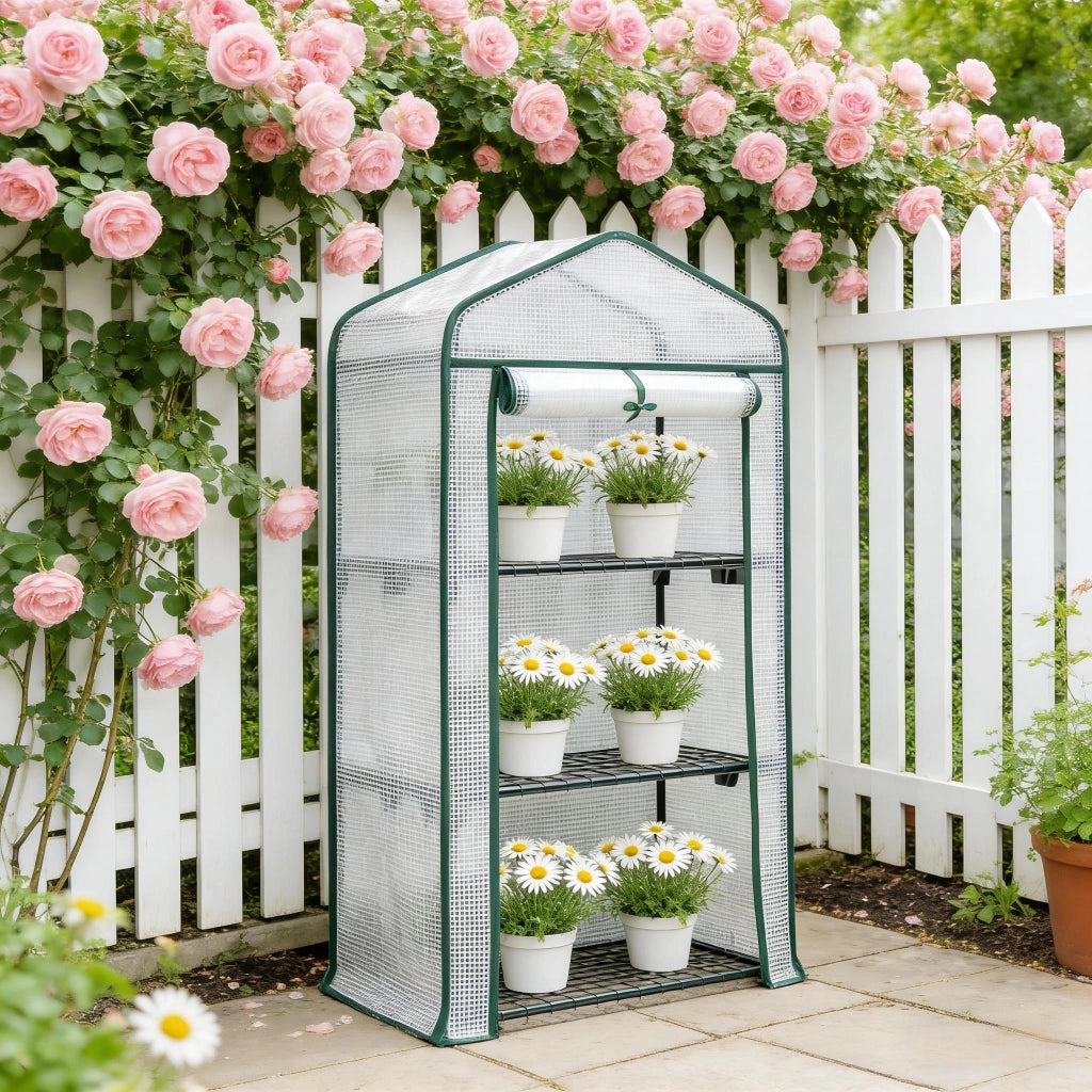 Semenzaio da giardino con porta arrotolabile in PE e struttura in metallo per balcone e terrazza bianco 69 × 49 × 125 cm