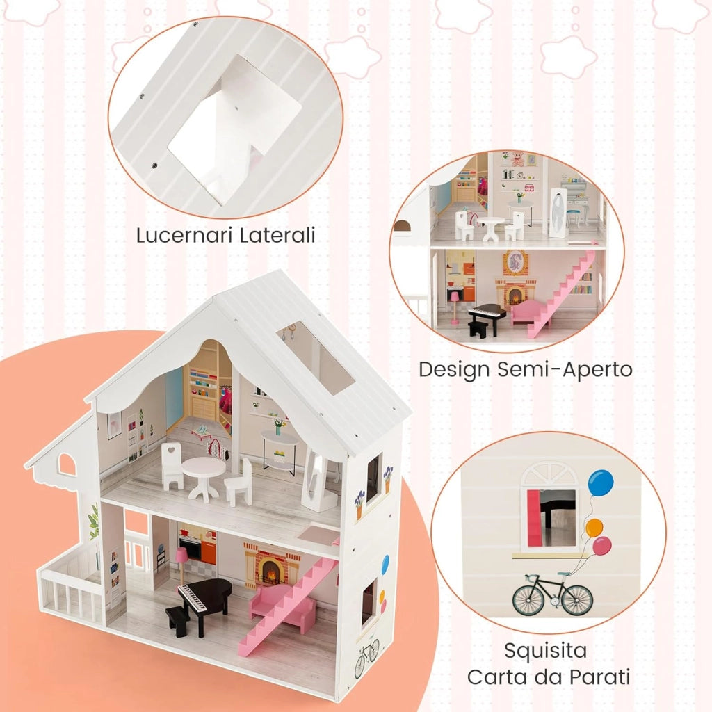 Casa delle Bambole in Legno per Bambini, Casetta delle Bambole con Stanze e Set di Mobili, 2 Grandi Lucernari e Carta da Parati, Regalo per Bambini 3+ Anni