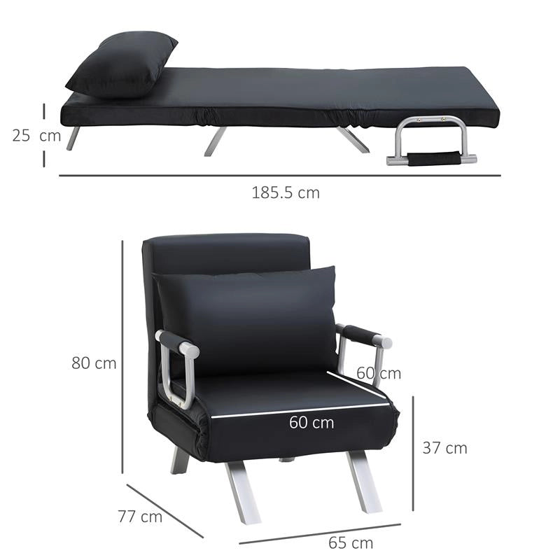 POLTRONA LETTO MODERNA 2 IN 1 CON SCHIENALE RECLINABILE SU 5 POSIZIONI E CUSCINO 65X69X80 CM NERO