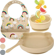 Set di Cura Bambino - Tavolo Antiscivolo BPA-Gratis + Scodella per Bambini con Fermo + Cucchiaio in Silicone + Asciugamano per Bambini - Set di Cura Bambino - Tavolo per Bambini in Beige
