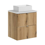 Set VANO finitura quercia e bianco 50cm: mobile sotto lavabo con cassetti + piano per lavabo + lavabi rettangolari da appoggio