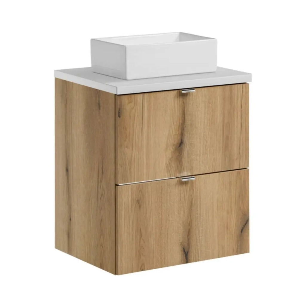 Set VANO finitura quercia e bianco 50cm: mobile sotto lavabo con cassetti + piano per lavabo + lavabi rettangolari da appoggio