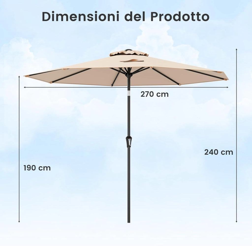 Ombrellone da Giardino 270 cm, Ombrellone da Esterno con Inclinazione Regolabile, Manovella, 8 Stecche, Tettuccio Ventilato, per Spiaggia, Bordo Piscina (Marrone, 270 cm 8 Stecche)